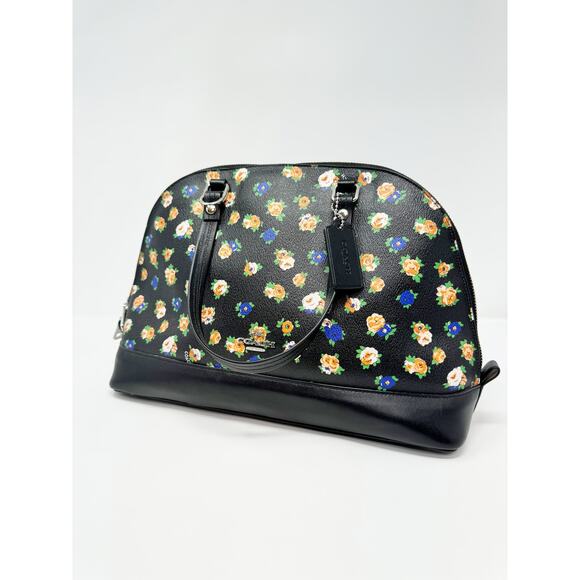 Coach Tea Rose Black Blue Floral Sierra Satchel Top Handle Doctor Crossbody Bag - Picture 4 of 8